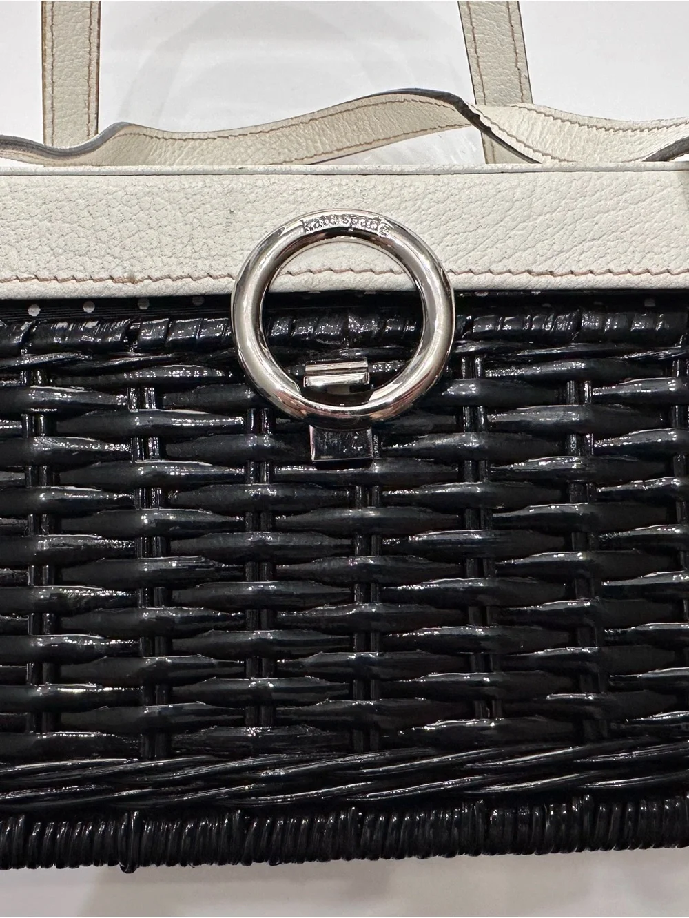 Vintage Kate Spade Black Wicker Basket Bag Top Handle Cream Leather Trim